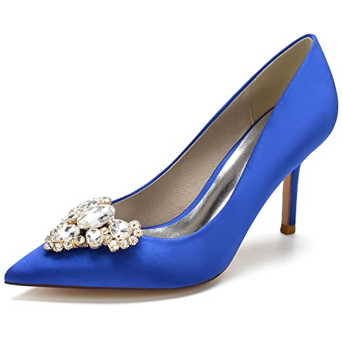 Damen Slip-On Pfennigabsatz Pumps Für Hochzeit Party Abschlussball Spitz Geschlossene Zehen Absatz Brautschuhe Con Strass,Blau,38 EU von LRMYMHY