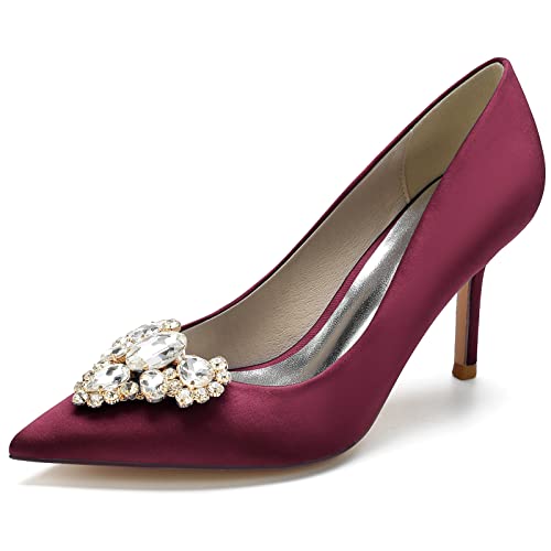 Damen Slip-On Pfennigabsatz Pumps Für Hochzeit Party Abschlussball Spitz Geschlossene Zehen Absatz Brautschuhe Con Strass,Burgundy,41 EU von LRMYMHY