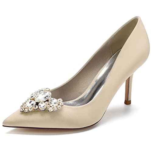 Damen Slip-On Pfennigabsatz Pumps Für Hochzeit Party Abschlussball Spitz Geschlossene Zehen Absatz Brautschuhe Con Strass,Champagne,41 EU von LRMYMHY