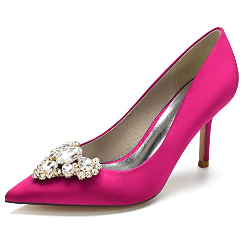 Damen Slip-On Pfennigabsatz Pumps Für Hochzeit Party Abschlussball Spitz Geschlossene Zehen Absatz Brautschuhe Con Strass,Fuchsia,38 EU von LRMYMHY