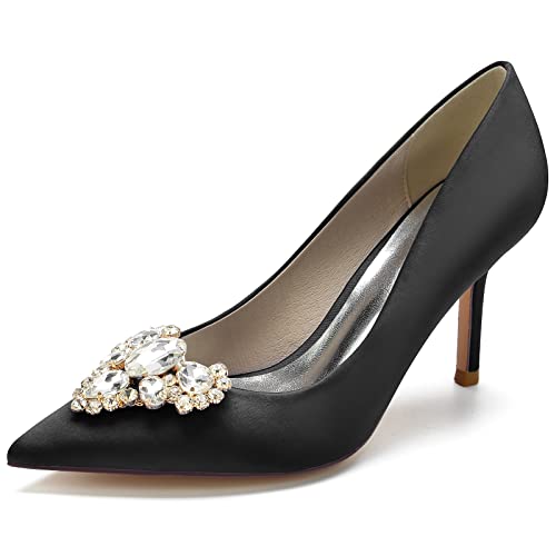 Damen Slip-On Pfennigabsatz Pumps Für Hochzeit Party Abschlussball Spitz Geschlossene Zehen Absatz Brautschuhe Con Strass,Schwarz,40 EU von LRMYMHY