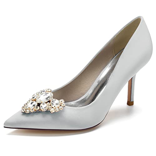 Damen Slip-On Pfennigabsatz Pumps Für Hochzeit Party Abschlussball Spitz Geschlossene Zehen Absatz Brautschuhe Con Strass,Silber,37 EU von LRMYMHY