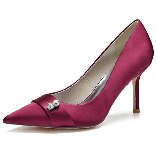 Damen Spitze Zehen Satin Stiletto Heels Brautschuhe Slip-On Hochzeitsschuhe Sommer Sandalen,Burgundy,36 EU von LRMYMHY