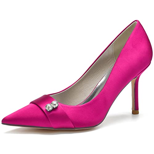 Damen Spitze Zehen Satin Stiletto Heels Brautschuhe Slip-On Hochzeitsschuhe Sommer Sandalen,Fuchsia,38 EU von LRMYMHY