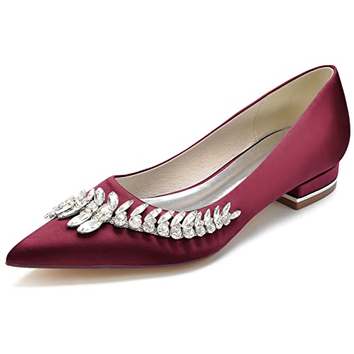 Damen Spitzen Zehen Hochzeits Flats Satin Strass formelle Pumps für Abendkleider Slip on Weiße Brautschuhe Elegante Arbeitsschuhe,Burgundy,37 EU von LRMYMHY