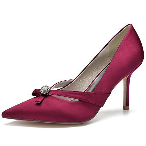 Damen Stiletto Braut Partykleid Pumps Geschlossene Spitze Zehen D'orsay Pumps Slip-On Hochzeitschuhe Mit Strass,Burgundy,36 EU von LRMYMHY