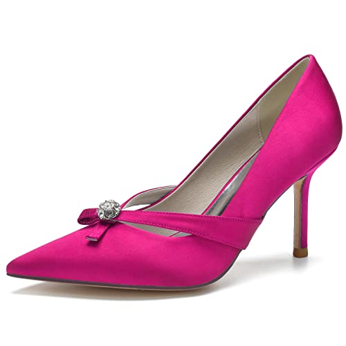 Damen Stiletto Braut Partykleid Pumps Geschlossene Spitze Zehen D'orsay Pumps Slip-On Hochzeitschuhe Mit Strass,Fuchsia,40 EU von LRMYMHY