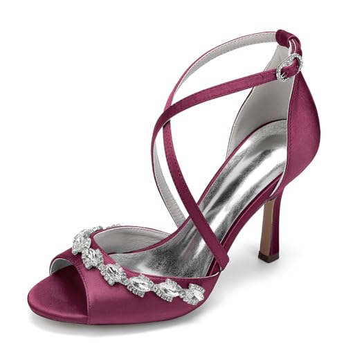 Frauen Kreuz Riemchen Sandalen High Heels Hochzeit Abendkleid Schuhe Stain Peeptoe Brautschuhe,Burgundy,41 EU Frauen Kreuz Riemchen Sandalen High Heels Hochzeit Abendkleid Schuhe Stain Peeptoe Brautschuhe,Burgundy,41 EU von LRMYMHY