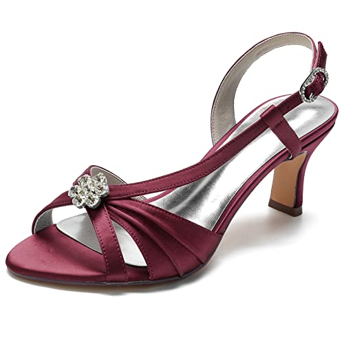 LRMYMHY Damen Kätzchenabsatz Elfenbein Hochzeitsschuhe Peeptoe Satin Strass Slingback Brautschuhe Mit Schnalle,Burgundy,38 EU von LRMYMHY