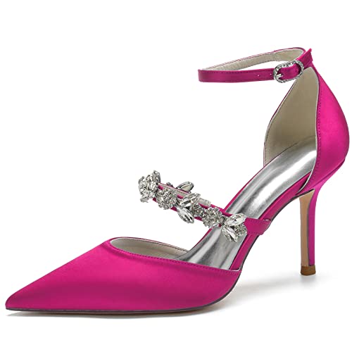 LRMYMHY Damen Knöchelriemen Brautschuhe Stöckel Absatz Pumpen Spitze Zehen Partei Abendschuhe mit Strass,Fuchsia,42 EU von LRMYMHY