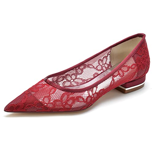 LRMYMHY Damen Spitze Hochzeitsschuhe Spitzer Zehen Flache Elfenbein Pumpen Slip-on Brautschuhe,Burgundy,36 EU von LRMYMHY