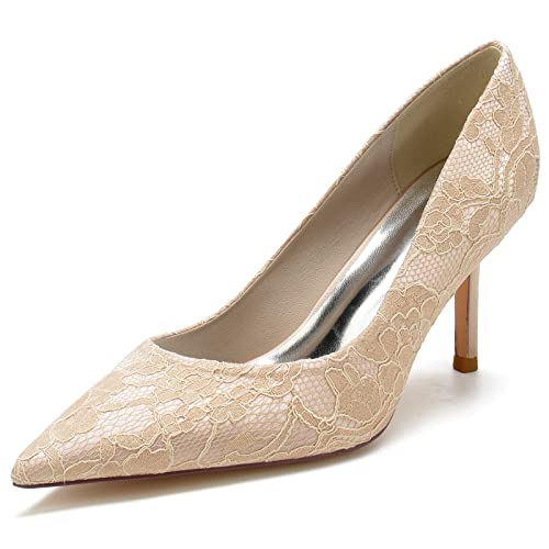 LRMYMHY Damen Weiße Brautschuhe Aus Spitze Mit Hohem Absatz Spitze Zehen Partei Abendschuhe Slip on Spitze Hochzeitsschuhe,Champagne,38 EU von LRMYMHY