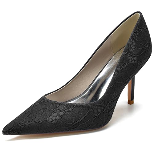 LRMYMHY Damen Weiße Brautschuhe Aus Spitze Mit Hohem Absatz Spitze Zehen Partei Abendschuhe Slip on Spitze Hochzeitsschuhe,Schwarz,42 EU von LRMYMHY