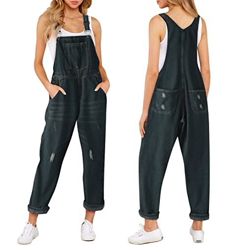 LRWEY Damen Casual Stretch Denim Bib Overalls Hosen Taschen Jeans Denim Jumpsuits für Damen Denim Strampler, blau, 46 von LRWEY