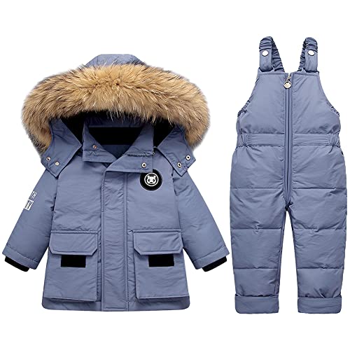 LSHDCER Baby Kleinkind Schneeanzug Jungen Mädchen Winteranzug Skianzug Daunenjacke mit Fellkapuze & Daunenhose Bekleidungsset 2tlg Outfit, Blau, 92-98 von LSHDCER