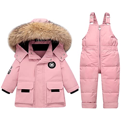 LSHDCER Baby Kleinkind Schneeanzug Jungen Mädchen Winteranzug Skianzug Daunenjacke mit Fellkapuze & Daunenhose Bekleidungsset 2tlg Outfit, Rosa, 104-110 von LSHDCER