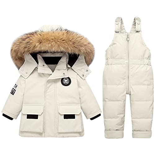 LSHDCER Baby Kleinkind Schneeanzug Jungen Mädchen Winteranzug Skianzug Daunenjacke mit Fellkapuze & Daunenhose Bekleidungsset 2tlg Outfit, Weiß, 104-110 von LSHDCER