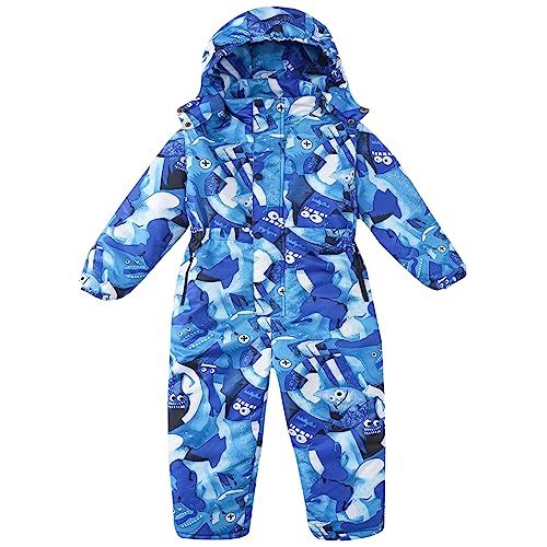 LSHDCER Kinder Einteiler Skianzug Jungen Mädchen mit Cartoon-Muster Outdoor Warm Schneeanzug mit Kapuze Wasserdicht Winddicht, Blau, 122-128 (Etikettengröße: 130) L2958L13 von LSHDCER