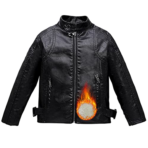 LSHDCER Kinder Jungen Lederjacke Übergangsjacke Motorrad Lederimitat Mantel Frühling Herbst Kunstleder Bikerjacke, Schwarz(Plüsch) C, 146 von LSHDCER