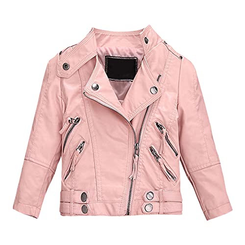 LSHDCER Kinder Mädchen Lederjacke Übergangsjacke Motorrad Lederimitat Mantel Frühling Herbst Kunstleder Bikerjacke, Rosa, 134-140 von LSHDCER