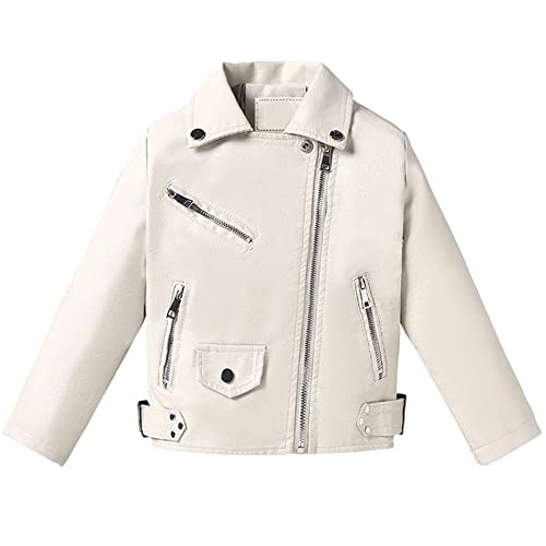 LSHDCER Mädchen Lederjacke Übergangsjacke Kinder Motorrad Lederimitat Mantel Frühling Herbst Kunstleder Bikerjacke, Beige, 92-98 von LSHDCER