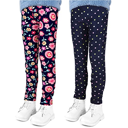 LSHEL Thermoleggings Mädchen Kinder Leggings Gefütterte Leggins Herbst Winter Warm Hose Thermohose Thermoleggins 2 Stück, Blumen+Farbige Punkte, 120/3-4 Jahre von LSHEL