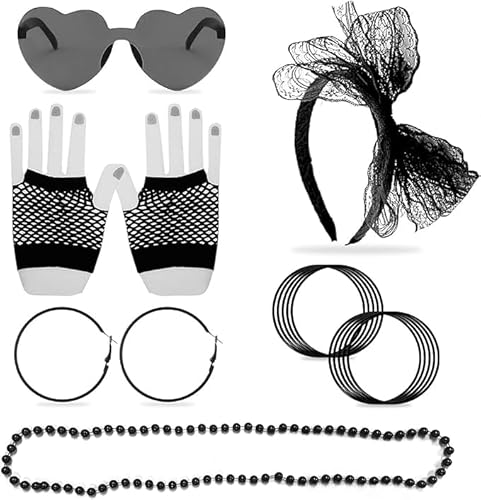 15 Stück 80er Jahre Kleidungszubehör Make-up-Set, Spitze Haarschmuck Neon Halsketten Vintage Ohrringe Fischnetz Handschuhe Bunte Silikon Armband Herz Brille 80er Jahre Party Mottoparty, Schwarz von LSYYSL