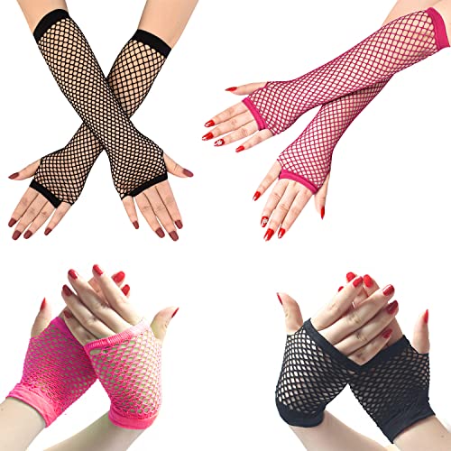 LSYYSL 4 Paar lange und kurze Netzhandschuhe, fingerlose Punk-Mesh-Handschuhe, Damen-Stretchhandschuhe, 80er-Jahre-Kostümzubehör für Maskerade, Mottoparty (Rose Rot, Schwarz) von LSYYSL