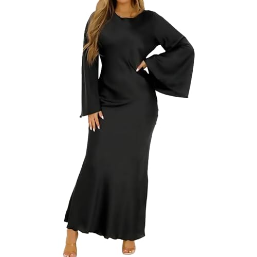 LTWOTEJNG Damen-Kleid mit Langen Ärmeln, einfarbig, Rundhalsausschnitt, Glockenärmel, langes Kleid ene Hochzeit Kleider Kleid Damen Elegant Für Hochzeit (Black, XXXL) von LTWOTEJNG