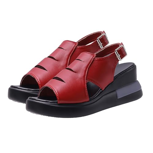 LTWOTEJNG Damen Sommer Sandalen mit großem Absatz und hohen Absätzen, römische Schuhe, Fischmaul, dicke Sohle, Strandschuhe Duplex Schuhe Damen Original (Red, 39) von LTWOTEJNG