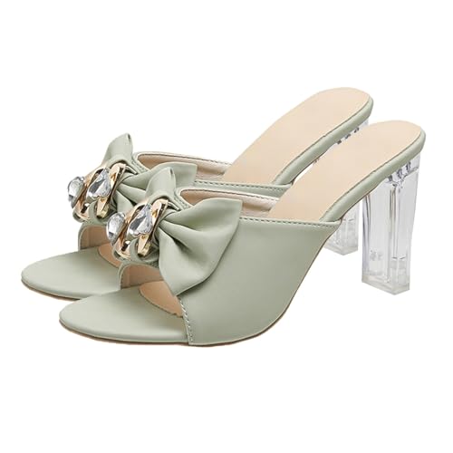 LTWOTEJNG Damen-Sommer-Slipper mit offenem Zehenbereich und Einer Schleife, Kristall, Dicker Absatz, hoher Absatz Damen Schuhe Slipper (Mint Green, 35) von LTWOTEJNG