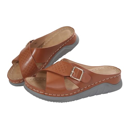 LTWOTEJNG Damen Sommer-Strandschuhe mit geneigtem Absatz und Fischgrätenmuster, übergroße Sandalen und Hausschuhe Schuhe Damen Sneaker Blau (Brown, 40) von LTWOTEJNG