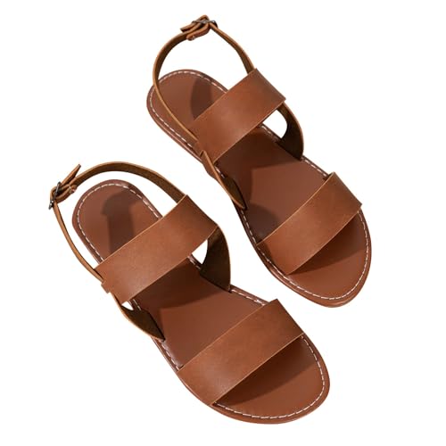 LTWOTEJNG Damen Sommer flache Unterseite Schnalle One Line Schnalle große Strandschuhe Retro römische Schuhe Sandalen Damenschuhe Sandale (Brown, 36) von LTWOTEJNG