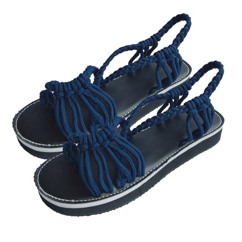 LTWOTEJNG Damen-Sommersandalen mit gewebtem Knotenseil und flachem Boden und großer Zehenpartie Schuhe Für Einlagen Damen (Blue, 35) von LTWOTEJNG