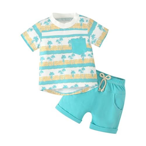 LTWOTEJNG Kleinkind-Oberteil mit Rundhalsausschnitt, kurzen Ärmeln, Cartoon-Print und einfarbigen Shorts für -Sommer-Outfits Baby Kleidung Fotoshooting Junge (Blue, 18-24 Months) von LTWOTEJNG