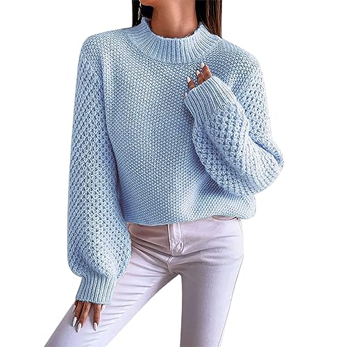 LTWOTEJNG Lässige Langarm-Pullover für Damen, Rundhalsausschnitt, übergroßer Rippstrick, 2023 Herbst-Winter-Pullover, Pullover-Oberteile Ausgefallene Pullover Damen (Blue, XL) von LTWOTEJNG