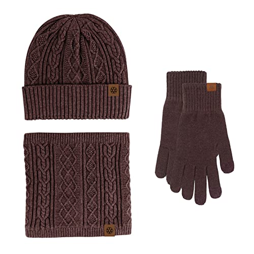 LTWOTEJNG Wintermütze Schal Handschuhe Set Fleece warm gestrickt Halswärmer Wolle Thermomütze Outdoor Sport Ski Fahrrad Fäustlinge Männer Frauen Damen Mütze Schal Handschuhe Set (Coffee, One Size) von LTWOTEJNG