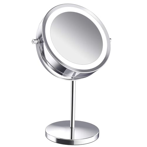 Kosmetikspiegel mit LED-Lichtvergrößerung, Doppelseitiger 5-fach Vergrößernder Kosmetikspiegel, um 360 Grad Drehbarer Desktop-Spiegel, Tragbarer HD-Spiegel, Verwendet Im von LUCKDANO