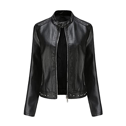 LULUZ Damen Slim Fit Lederjacke Moto Biker Kurzmantel Reißverschluss Frauen Jacke Herbst Winter Revers Bikerjacke von LULUD