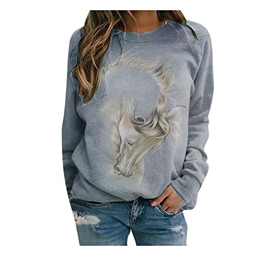 LULUZ Pullover Damen Sweatshirt Langarm Tshirt Pferd-Muster Cartoon 3D Druck Top Langarmshirt Pulli Freizeit Rundhals Bluse Herbst Shirts Colorblock Hemd von LULUD