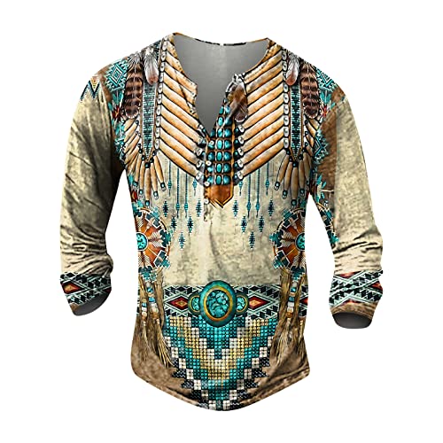 Herren Jacke Hoodies Für Männer Laufshirt Herren 3D Druck Henley Shirt Freizeit Distressed Henley Hemd Indian Tribal Langarmshirt mit Knopfleiste V-Ausschnitt Sportshirt Outdoor Tactical Tshirts Gelb von LUNULE