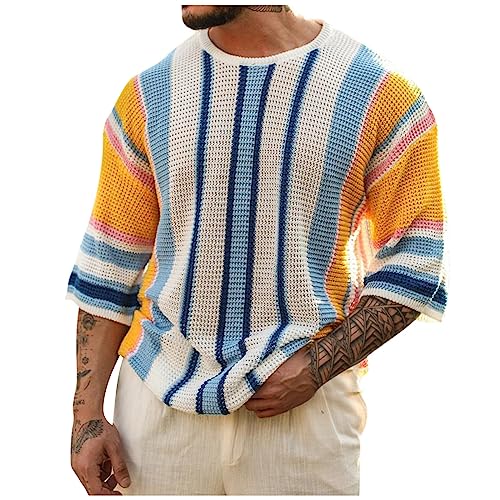 LUNULE Sweatshirt Herren Ohne Kapuze BüGelfreie Hemden Hemd Herren Weiß MäNner Gestreiftes Strick Rundhals 3/4 ÄRmel Basic T-Shirt Sweater Casual Regular Fit Kapuzenjacke (Weiß, XL) von LUNULE