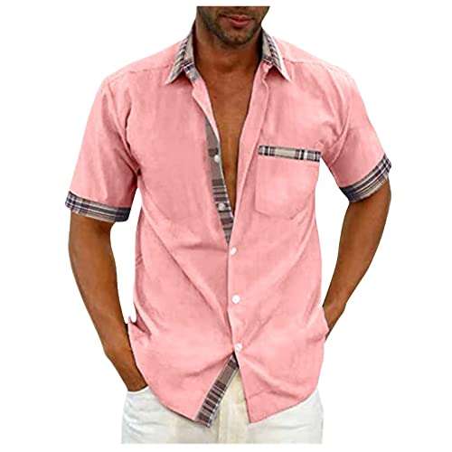 Muskelshirts Herren Hemden Herren Kurzarm Weisses T Shirt Herren Gestreiftes Patchwork Freizeithemd Mit Brusttasche Button Down Kurzarmhemd Casual Regular Fit Mittelalter Hemd Herren (Rosa, XL) von LUNULE