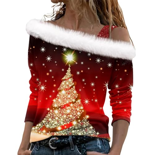 Weihnachtspullover Weihnachten Strickpullover Damen Poloshirts Für Damen Kuscheljacke Damen Weihnachten 3D Druck Plüsch Schulterfrei Langarm Pulli Shirt Mit Schulterriemen Xmas Deckenhoodie (Red, L) von LUNULE