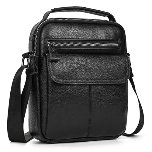 LUUFAN Männer echtes Leder Umhängetasche, Umhängetasche Messenger Rucksack für Bücher Kindle Ipad Tablet, Schwarz von LUUFAN