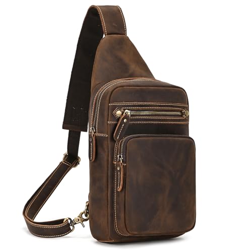 LUUFAN Vintage-Schultertasche aus echtem Leder mit mehreren Taschen, Brust-Umhängetasche für Herren, lässiger Umhängetasche, Tagesrucksack von LUUFAN