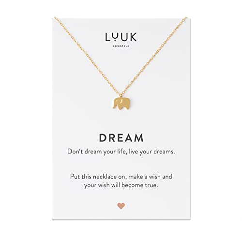 LUUK LIFESTYLE Edelstahl Halskette mit Herz/Stern / Elefant Anhänger und Dream Spruchkarte, Glücksbringer, Damen Schmuck, silber, gold, rosè, Gold, one size von LUUK LIFESTYLE