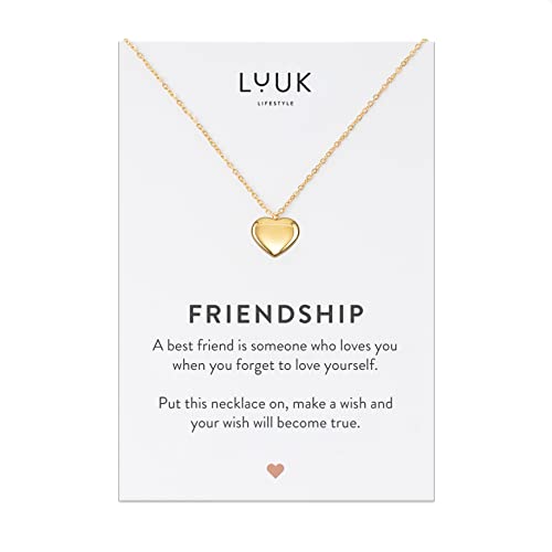 LUUK LIFESTYLE Edelstahl Halskette mit Anhänger und Friendship Spruchkarte, Glücksbringer, Freundschaftskette, Damen Schmuck - Herz Halskette - Gold von LUUK LIFESTYLE