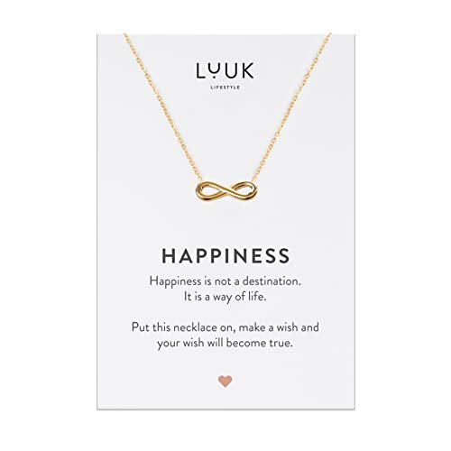 LUUK LIFESTYLE Damenhalskette mit Infinity Anhänger und HAPPINESS Geschenkkarte, dezentes Modeaccessoire, Liebeszeichen, Gold von LUUK LIFESTYLE