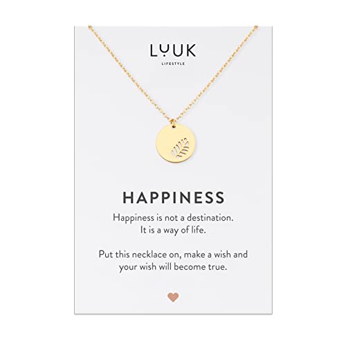 LUUK LIFESTYLE Edelstahl Halskette mit Blatt Anhänger und HAPPINESS Spruchkarte, Zen Glücksbringer für Naturliebhaberin, Mode Yoga Schmuck, Gold von LUUK LIFESTYLE